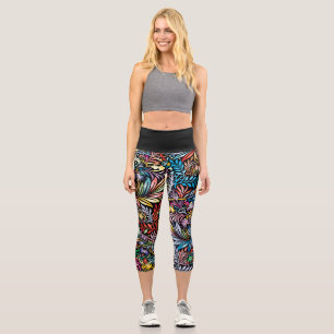 Rainbow Leaf on Black Capri Leggings