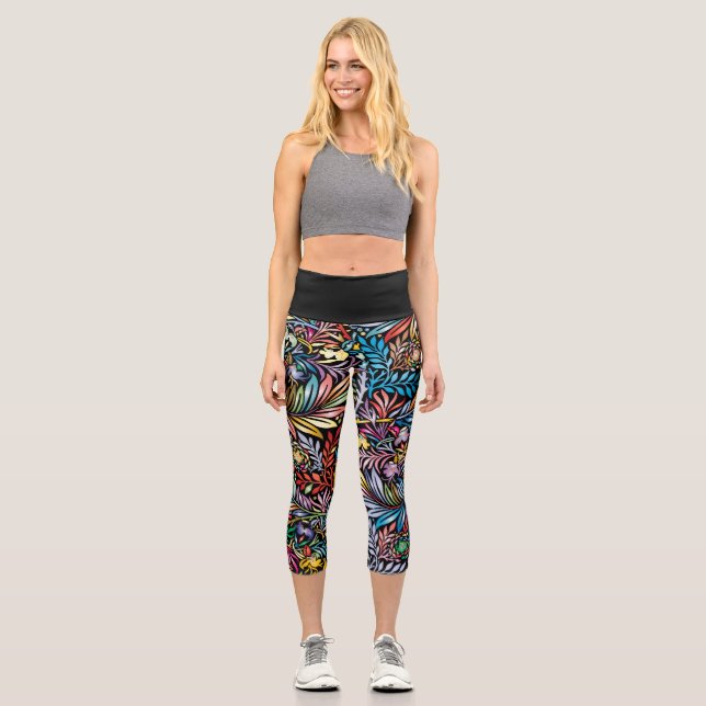 Rainbow Leaf on Black Capri Leggings (Front)