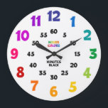 Rainbow Learn to Tell Time Teacher Classroom Clock<br><div class="desc">This bright,  bold and colourful children's clock indicates that the hours are in colour,  while the minutes are in black helping your child learn to tell time! This makes a great addition to a child's playroom,  classroom,  day care centre,  school,  doctor's office and more!</div>