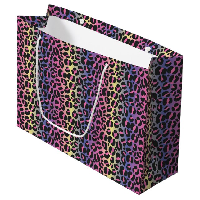 Rainbow Leopard Animal Print Pattern Large Gift Bag (Front Angled)