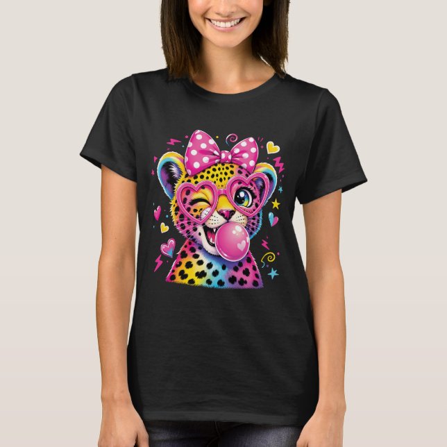 Rainbow Leopard Bubble Gum Heart Glasses Colourful T-Shirt (Front)