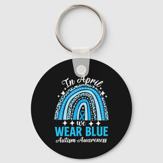 Rainbow Leopard In April We Wear Blue Autism Aware Keychain (Front)