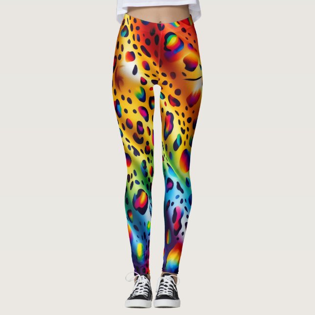 Rainbow Leopard Print Leggings | Bold Colourful (Front)