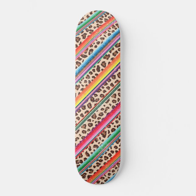 Rainbow Leopard Print Modern Girly Animal Pattern Skateboard (Front)