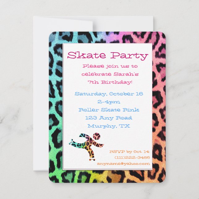 Rainbow Leopard Roller Skate Birthday Invitation (Front)