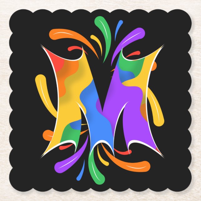 Rainbow Letter M Monogram Abstract Paper Coaster (Front)