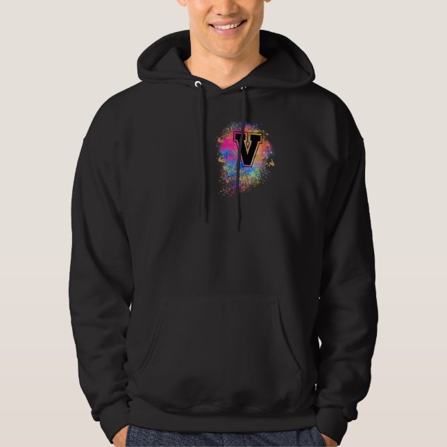 Rainbow Letter V Initial Monogrammed Colourful Pin Hoodie (Front)