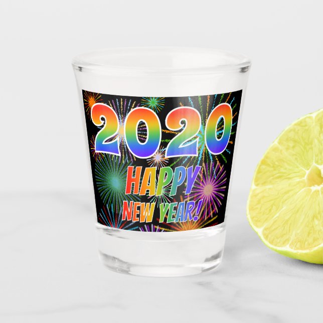 Rainbow Letters "2020 HAPPY NEW YEAR!" + Fireworks Shot Glass (Front)