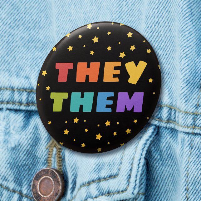 Rainbow Letters Starry Sky Them Trans Pronouns 1 Inch Round Button (In Situ)