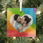 Rainbow LGBT Couple Photo Romantic Heart Christmas Glass Ornament<br><div class="desc">Cute custom gay pride couple Christmas ornament gift for happily married men. Add your own romantic photograph inside the pretty LGBT heart for a personalized present of love.</div>
