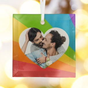 Rainbow LGBT Couple Photo Romantic Heart Christmas Glass Ornament