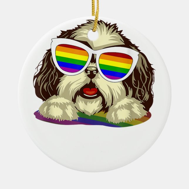 Rainbow LGBT Flag Gay Pride Shih Tzu Dog  Copy Ceramic Ornament (Front)