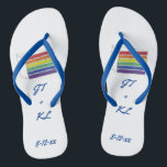 Rainbow LGBT Gay Wedding Layer Cake Flip Flops<br><div class="desc">Flip-flops feature an original marker illustration of a rainbow wedding cake slice topped with vanilla frosting. Simply personalize with your initials and date information for a unique wedding favour!</div>