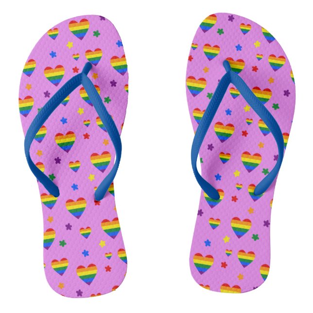 Rainbow LGBT Hearts and Colourful Flowers Pattern Flip Flops (Footbed)