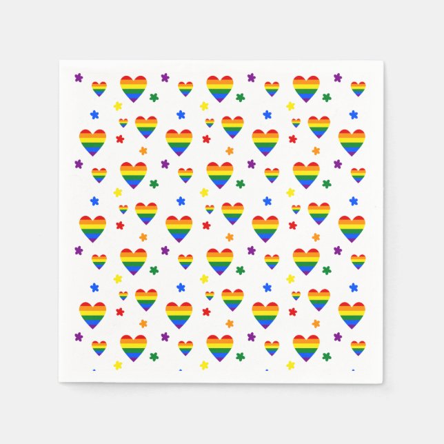 Rainbow LGBT Hearts and Colourful Flowers Pattern Napkin (Front)