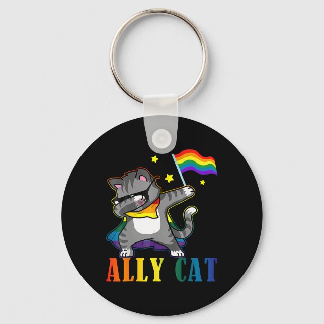 Rainbow Lgbt Lesbian Pride Funny Cat Dabbing  Keychain (Front)