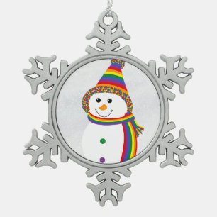 Rainbow LGBTQ Pride Flag Snowman Snowperson Snowflake Pewter Christmas Ornament