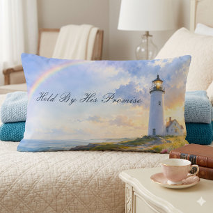 Rainbow Lighthouse Coastal Watercolor Lumbar Pillow
