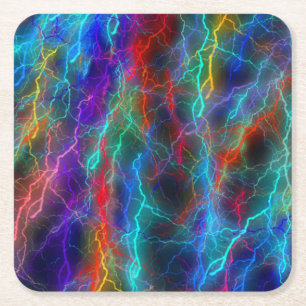 Rainbow Lightning Storm Square Paper Coaster