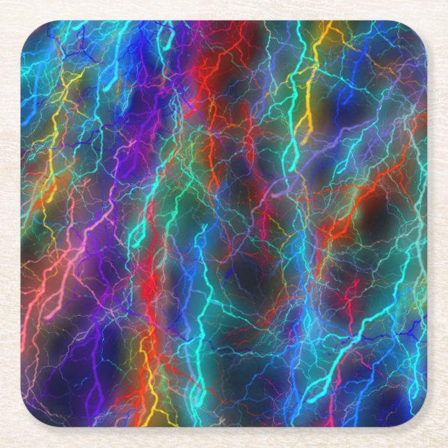 Rainbow Lightning Storm Square Paper Coaster (Front)