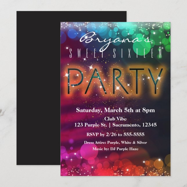 Rainbow Lights Sparkle Dance Club Party Invitation (Front/Back)