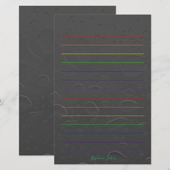 Rainbow Lines Custom Name Grey Water Drop Art Stationery (Front/Back)