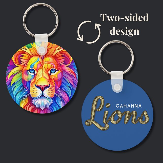 Rainbow Lion Head Two-Sided Custom Name Keychain (Made especially for the Gahanna Lions, this rainbow lion keychain shows school pride. )