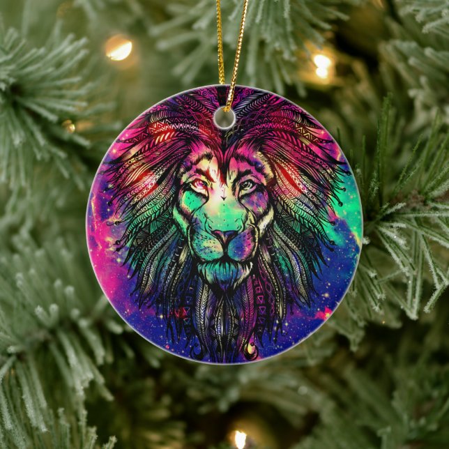 Rainbow Lion Hipster Galaxy Ceramic Ornament (Tree)