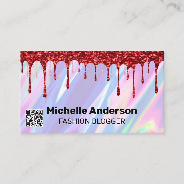 Rainbow Liquid Background | QR | Glitter Business Card (Front)