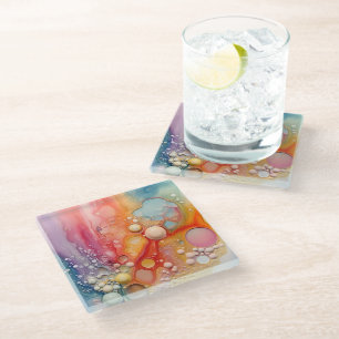 Rainbow Liquid Pour Cells Art Abstract Design  Glass Coaster