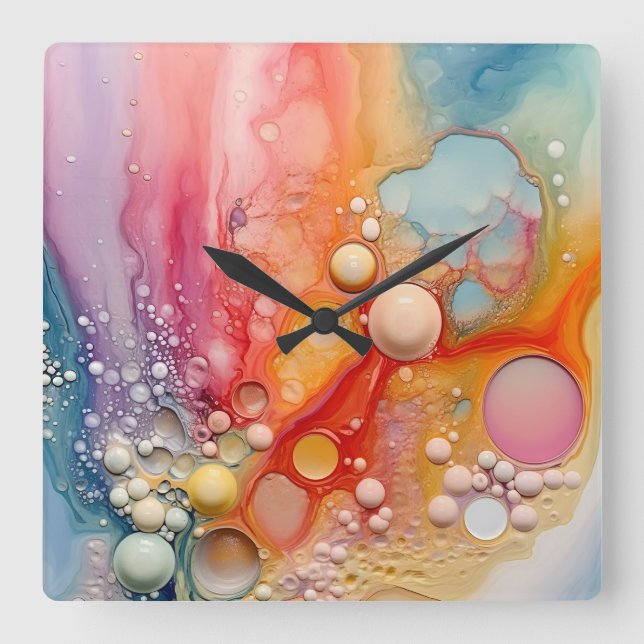 Rainbow Liquid Pour Cells Art Abstract Design  Square Wall Clock (Front)