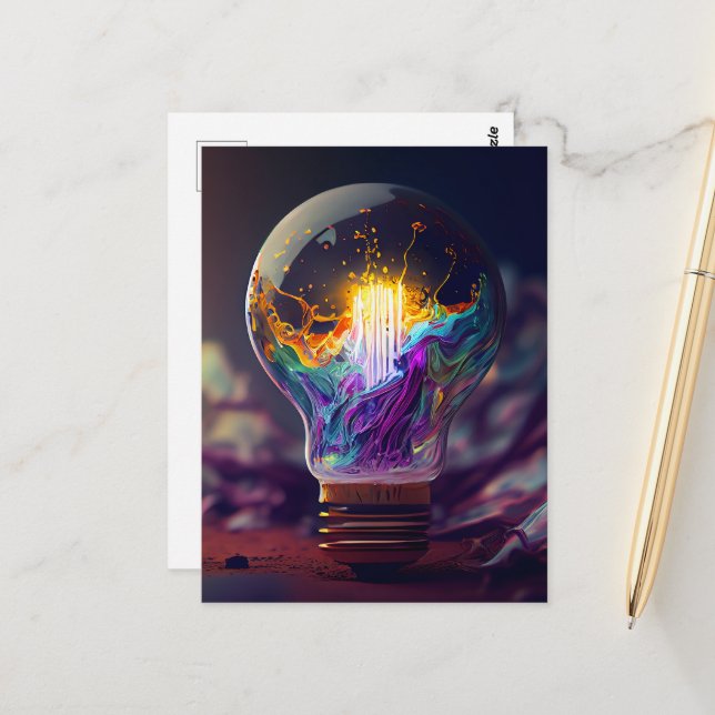 Rainbow Lit Light Bulb Postcard (Front/Back In Situ)