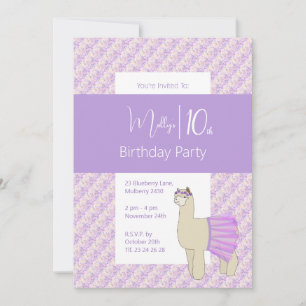 Rainbow Llama Purple Floral Girls 10th Birthday Invitation