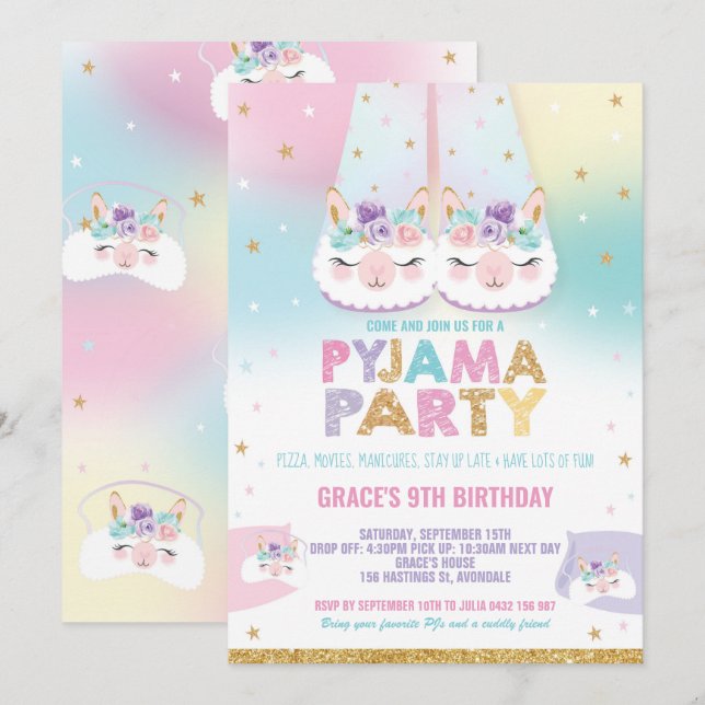 Rainbow Llama Pyjama Birthday Party Sleepover Invitation (Front/Back)