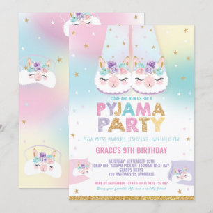 Rainbow Llama Pyjama Birthday Party Sleepover Invitation
