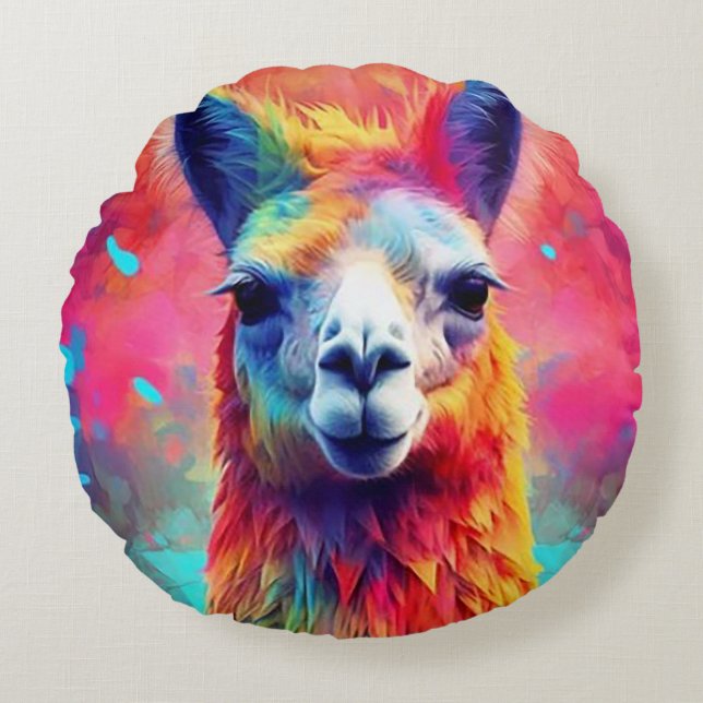 Rainbow Llama Round Pillow (Front)