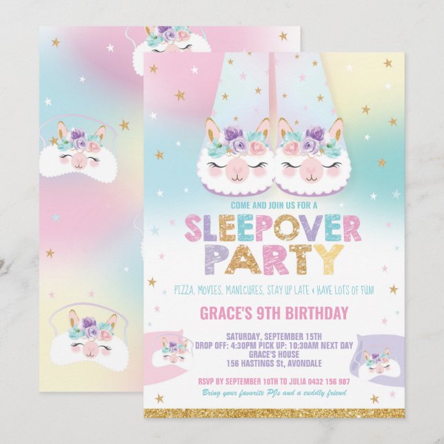 Rainbow Llama Sleepover Birthday Party Pajama Invitation (Front/Back)