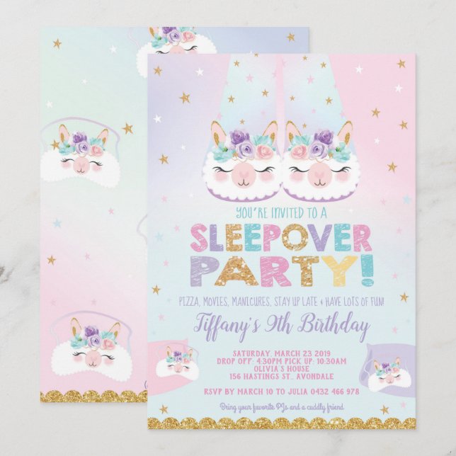Rainbow Llama Sleepover Birthday Party Slumber Invitation (Front/Back)