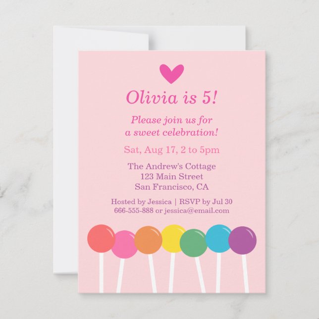 Rainbow Lollipop Candy Birthday Party Invitations (Front)