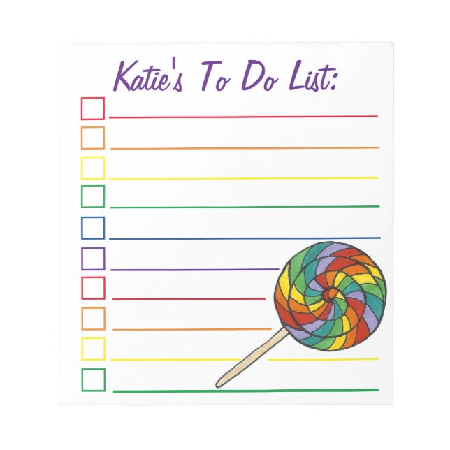 Rainbow Lollipop Candy Personalized To Do List Notepad (Front)