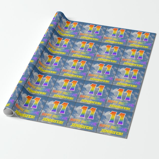 Rainbow Look "11" & "HAPPY BIRTHDAY", Clouds, Sky Wrapping Paper (Unrolled)