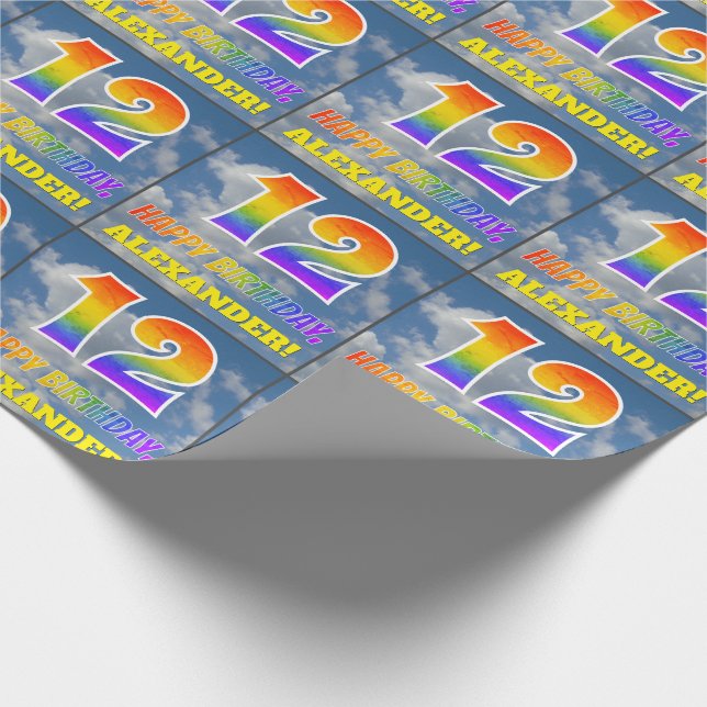 Rainbow Look "12" & "HAPPY BIRTHDAY", Clouds, Sky Wrapping Paper (Corner)