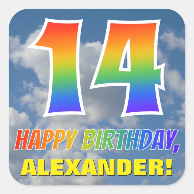 Rainbow Look "14" & "HAPPY BIRTHDAY", Clouds, Sky Square Sticker (Front)
