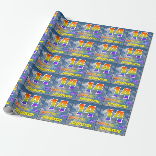 Rainbow Look "14" & "HAPPY BIRTHDAY", Clouds, Sky Wrapping Paper (Unrolled)