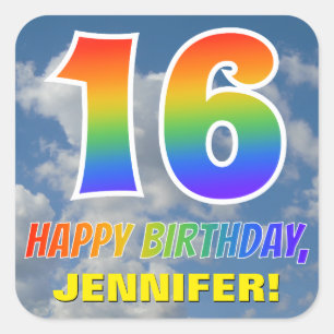 Rainbow Look "16" & "HAPPY BIRTHDAY", Clouds, Sky Square Sticker