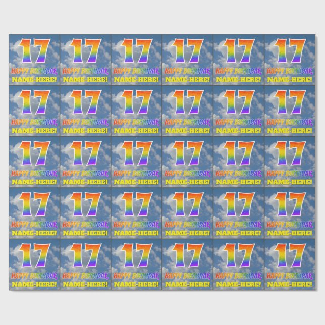 Rainbow Look "17" & "HAPPY BIRTHDAY", Clouds, Sky Wrapping Paper (Flat)