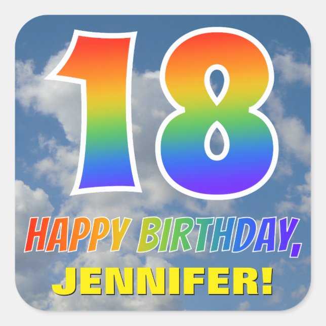 Rainbow Look "18" & "HAPPY BIRTHDAY", Clouds, Sky Square Sticker (Front)