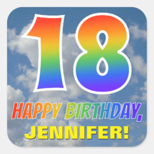 Rainbow Look "18" & "HAPPY BIRTHDAY", Clouds, Sky Square Sticker