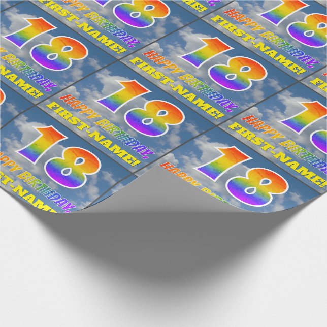 Rainbow Look "18" & "HAPPY BIRTHDAY", Clouds, Sky Wrapping Paper (Corner)
