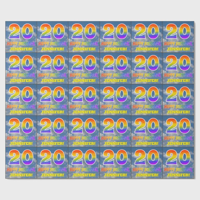 Rainbow Look "20" & "HAPPY BIRTHDAY", Clouds, Sky Wrapping Paper (Flat)